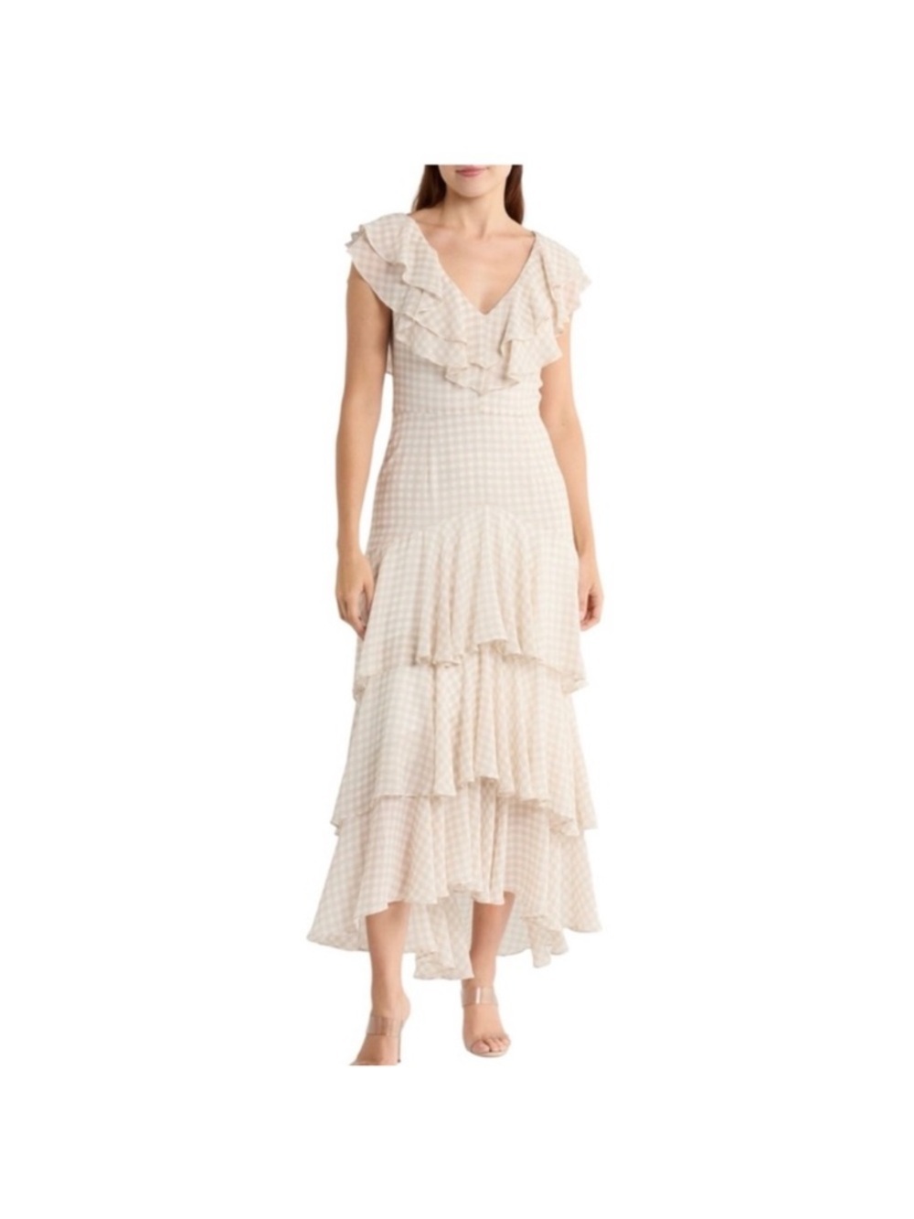 WAYF Cream Beige Gingham Ruffle Maxi Kentucky Derby Church Dress Size S